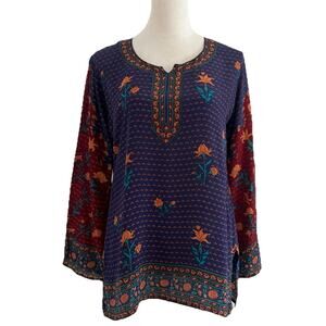 Biba Blouse Top Womens 38 (M/L) Blue Floral Tunic 100% Silk Long Sleeves Boho